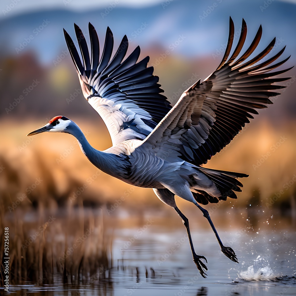 Fototapeta premium common crane in gracious flight neck arching elegantly