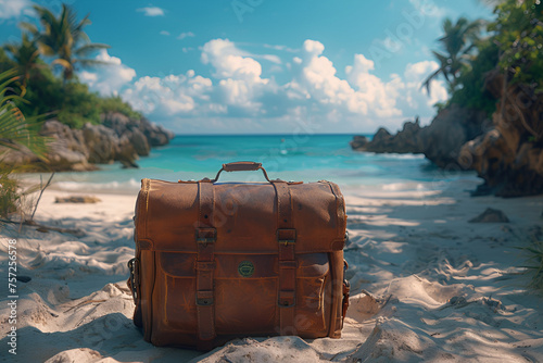 Concept of summer traveling with old vintage suitcase on beach background