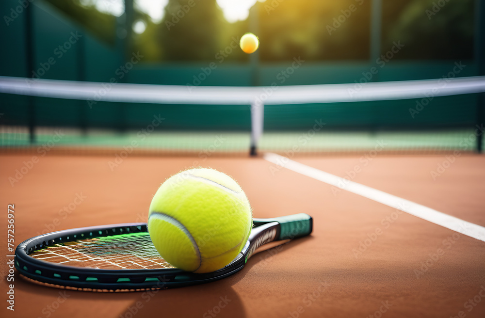 Tennis ball and racket on hard court under sunlight