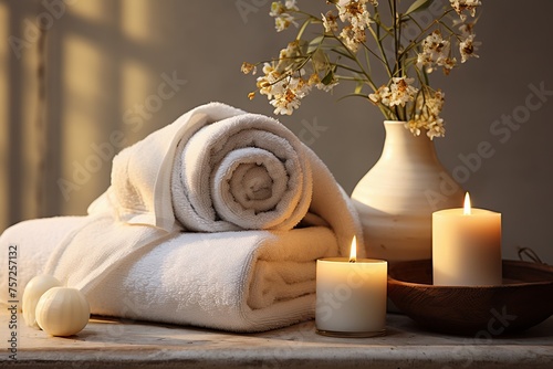 Beautiful composition of spa treatment on white wooden table