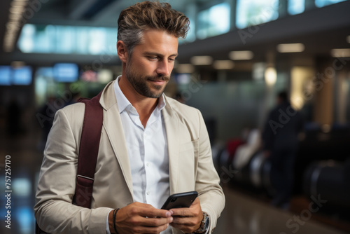 Portrait Of Young caucasian Male Traveller Posing At Airport, Handsome Man With Luggage, Passport And Tickets While Waiting For Flight In Terminal