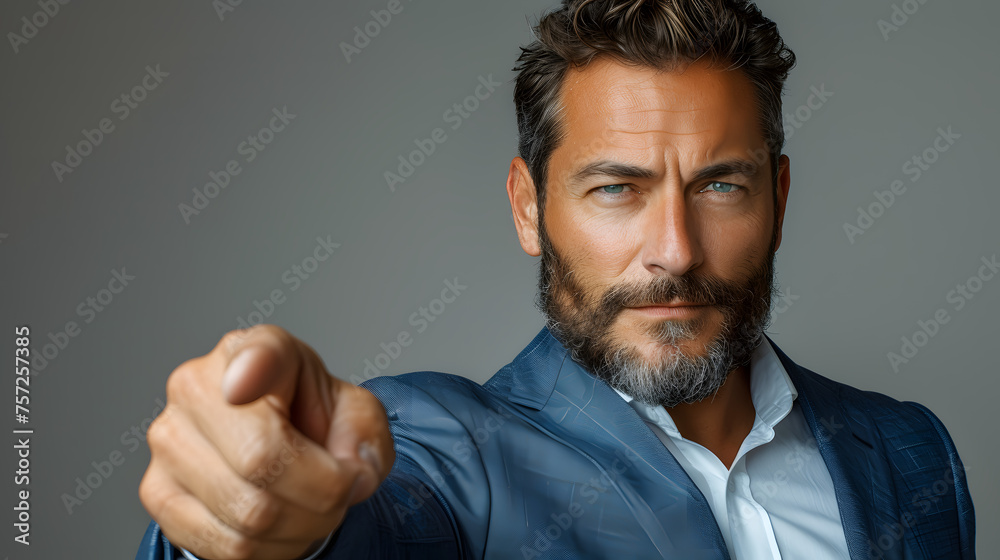 Confident businessman in a blue suit pointing at the camera. Corporate leadership and recruitment concept. Design for career advertisement, professional coaching, and corporate branding. Close-up - obrazy, fototapety, plakaty 