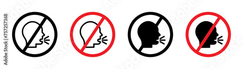 No Talking Line Icon Set. Silence and Quiet Prohibition symbol in black and blue color.