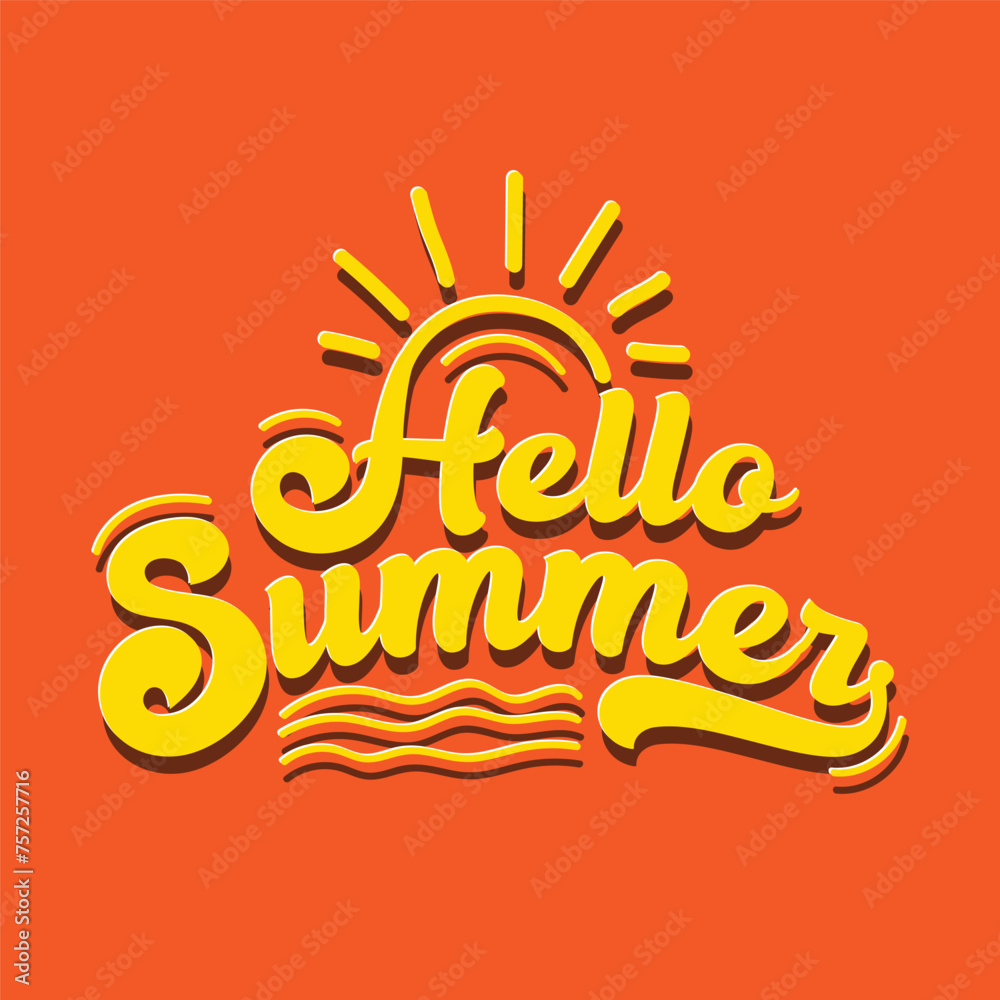 Hello Summer retro lettering vector illustration with sun vector. Summer label, tag, logo, hand drawn lettering for summer holiday, travel, beach vacation. Summer days typography banner, poster.