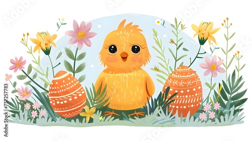Folk-Inspired Greeting Card: Duckling and Flowers in a Village Setting