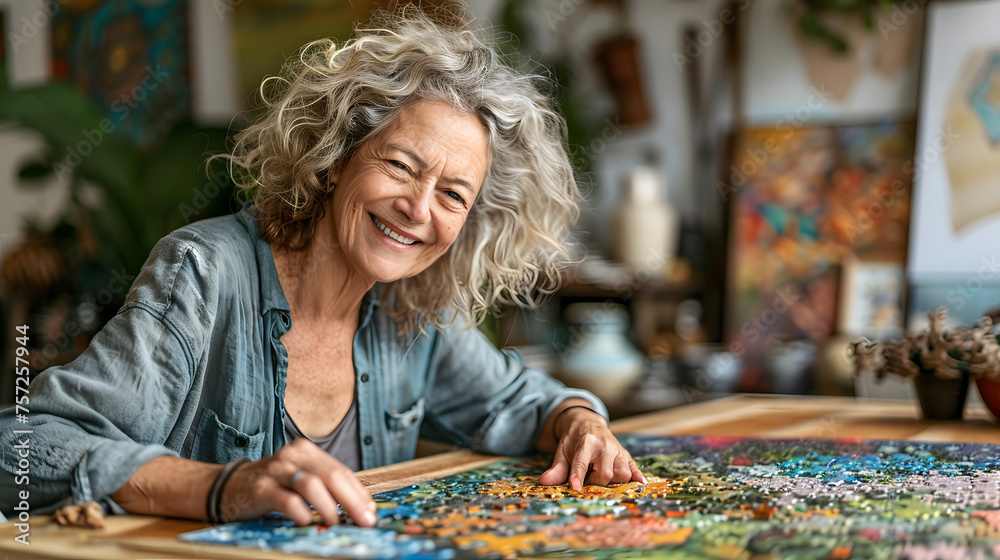 Fototapeta premium Cognitive Connection: Senior Woman and Caregiver Solving Puzzle Together