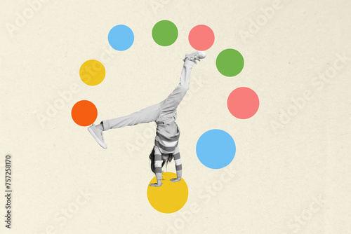 Creative photo picture collage funky cool dancer hip hop style motion rhythm colorful circles dancehall white background