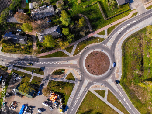 aerial view of a roundabout in the city in summer