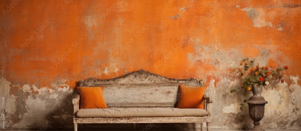 A hardwood rectangle couch with vibrant orange pillows is placed in front of an orange wall, creating an artistic and harmonious color scheme in the room