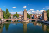 Panoramic view on The Ponts Couverts in Strasbourg with blue cloudy sky. France.