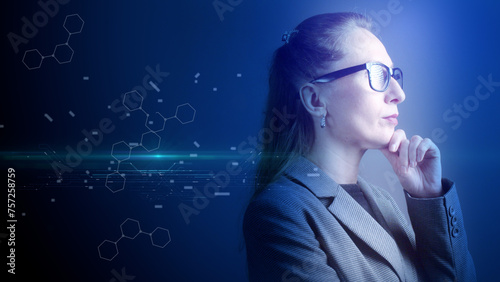 Cg tech collage. Portrait of a business woman in glasses against the background of graphs and diagrams of the movement of AI electrons on a transparent screen
