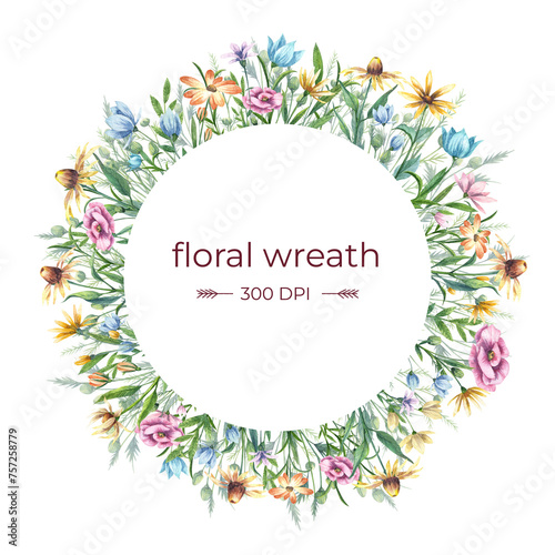 Greeting card and brochure circle design with various flowers. Watercolor floral meadow. Hand drawn wild flowers round frame with copy space (ID: 757258779)