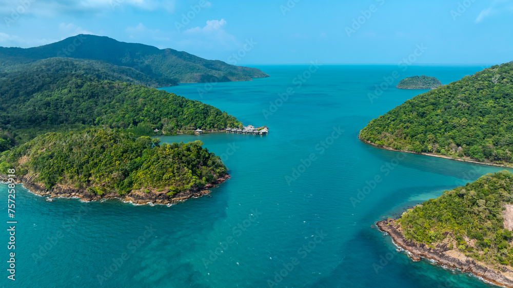 Travel vacation healthy lifestyle Concept. seascape on summer vacation at koh chang, trat province, thailand, aerial view from drone,