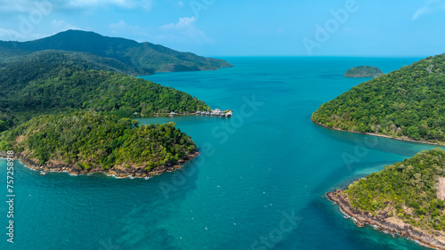 Travel vacation healthy lifestyle Concept. seascape on summer vacation at koh chang, trat province, thailand, aerial view from drone,