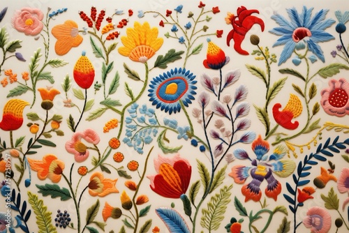 Detailed embroidery, hand stitched, bright and colourful embroidered handmade, handcrafted flowers on fabric.  