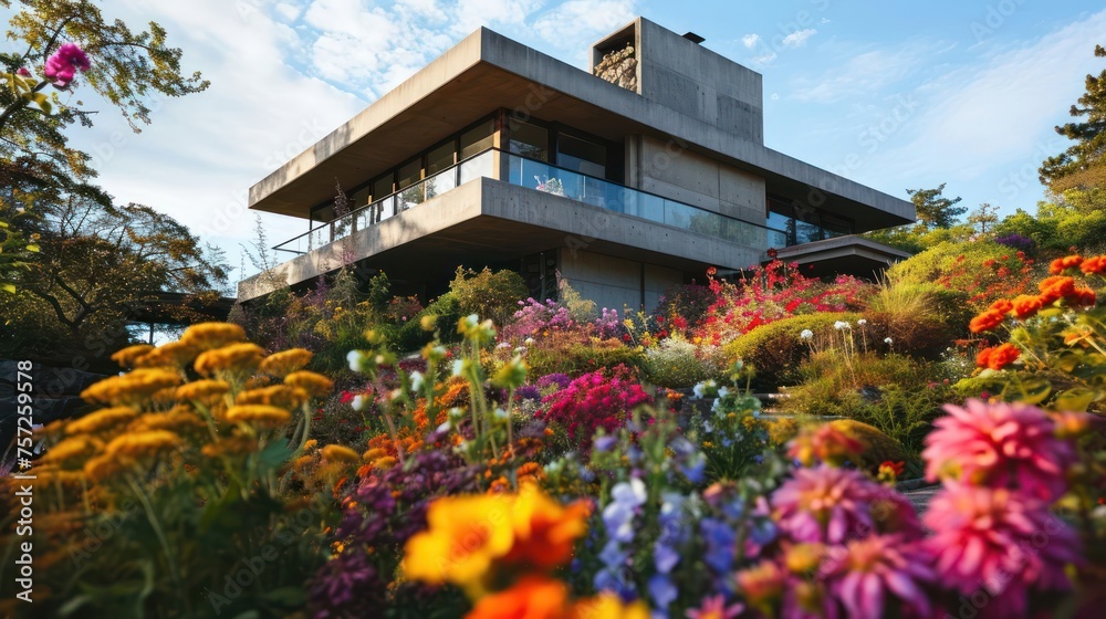 scene of a contemporary concrete home surrounded by a rainbow of flowers, creating a picturesque and luxurious setting with the perfect balance of architecture and nature