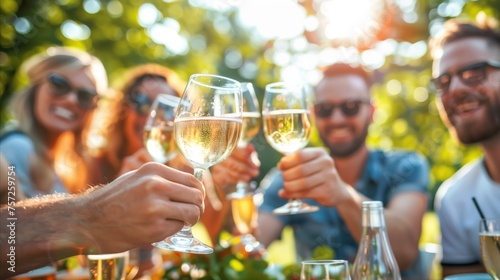 Friends toasting with wine at a summer garden party