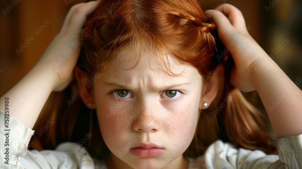 Naklejka premium Frustrated young girl with hands on head looking displeased
