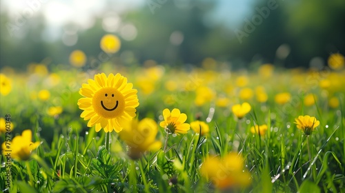 Smiling sunflower among yellow blooms in sunlit field