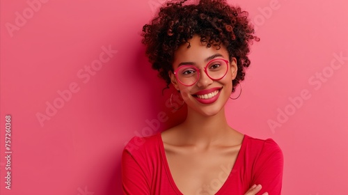 Confident woman in red against a pink background