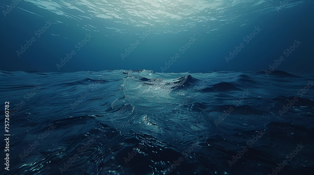 An awe-inspiring view of the dark blue ocean surface from underwater, revealing the mesmerizing beauty of the deep sea, Generative Ai