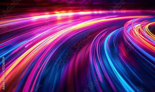 Technology and business concept banner. Abstract colorful light streaks in motion on a dark background. Long exposure lines and waves of colors. 