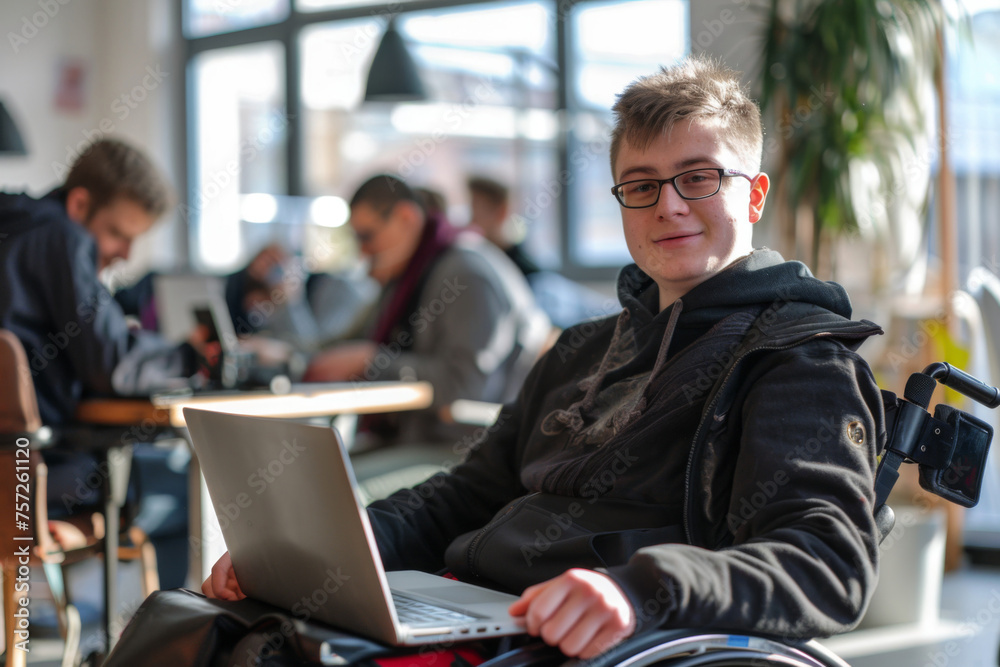 Portrait of a young man in a wheelchair working on a laptop in an office. The concept of inclusiveness. Portrait of a young man in a wheelchair working on a laptop in an office. The concept of inclusiveness.