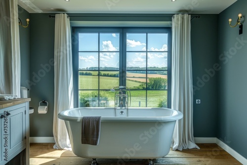 Luxurious bathroom interior with bathtub and window overlooking the countryside.
