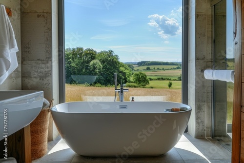 Interior of modern bathroom with white bathtub and panoramic view on countryside