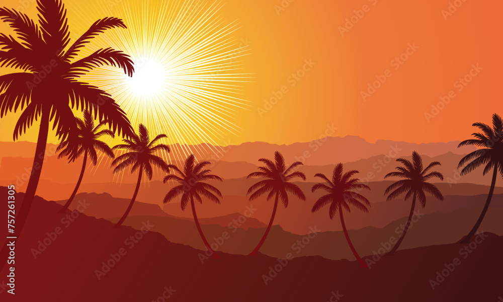 summer scene with palm trees and sun