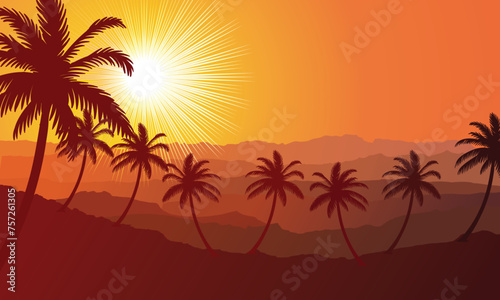 summer scene with palm trees and sun