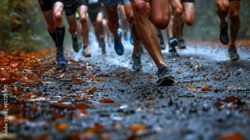Marathon runners on a leaf-strewn wet road in autumn