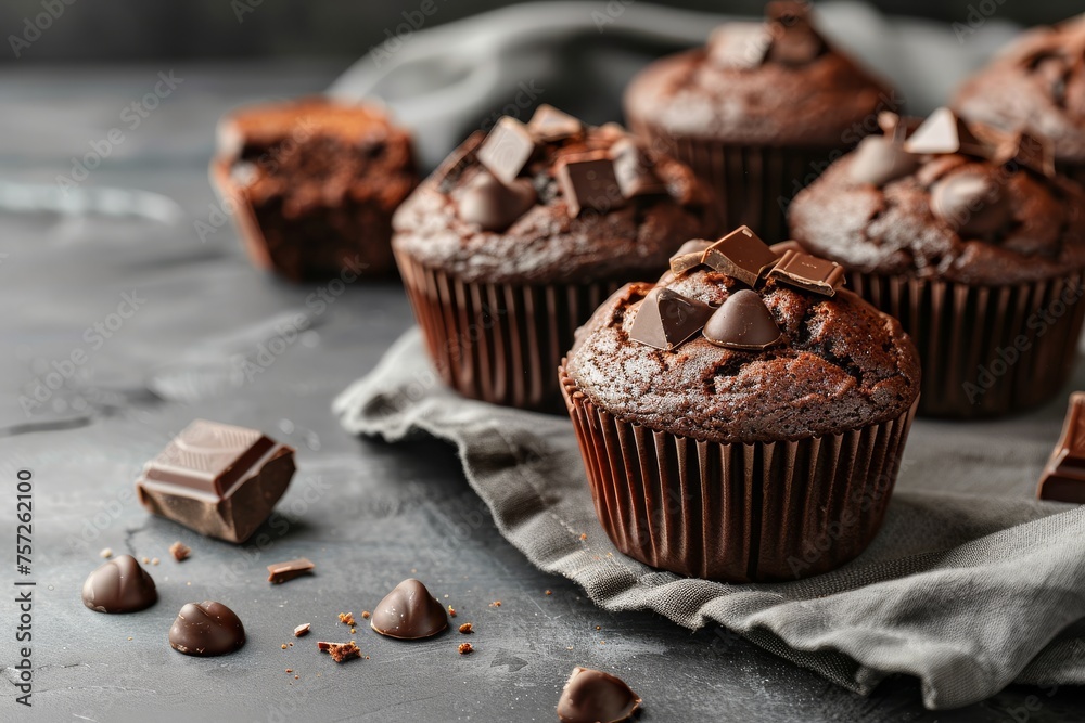 Delicious fresh chocolate muffins on grey table, closeup Delicious fresh chocolate muffins on grey table, closeup