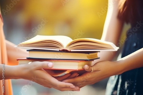 Womans hands holding stack of books over light, education and knowledge concept