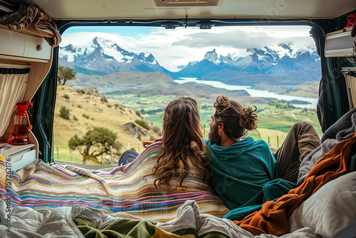 A couple relaxes on vacation in their camper van campin a picturesque backdrop