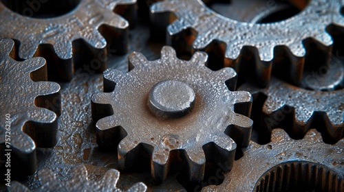 Close-up of interconnected metal gears with fine details