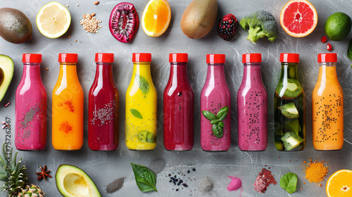 Flat-lay of colourful smoothies in bottles