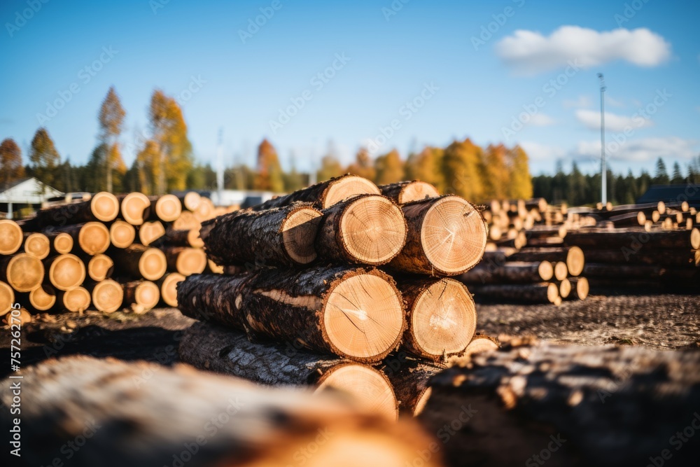 Freshly cut wood logs at sawmill, lumber industry background with machinery and equipment Freshly cut wood logs at sawmill, lumber industry background with machinery and equipment