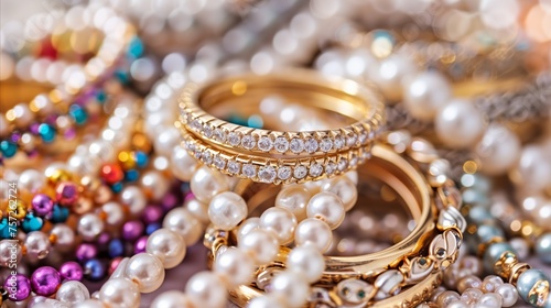 Assorted luxury jewelry with pearls and gemstones close-up