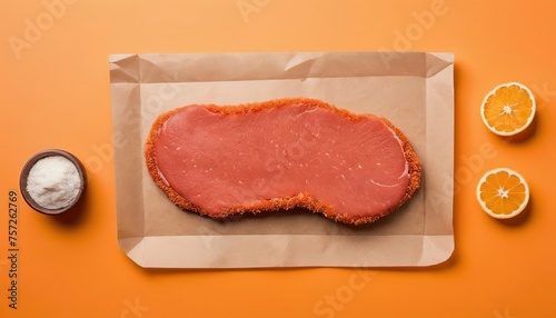 Raw Wiener Schnitzel breaded meat steak. Orange background