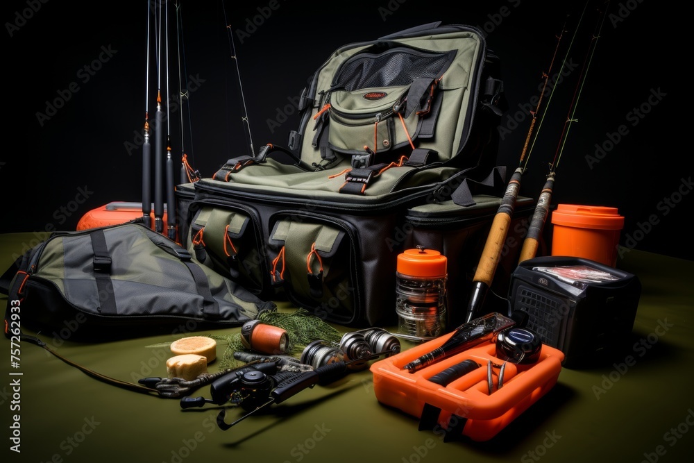 Essential fishing tackle set-up displayed in neat layout for anglers and hobbyists convenience.