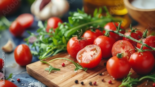 Fresh tomatoes on cutting board with arugula and garlic