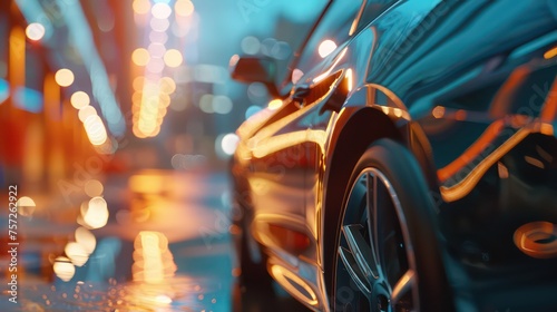 Car insurance, featuring a zoomed-in view of a car's right side, highlighting safety features, with a blurred background adding depth and sophistication to the composition.