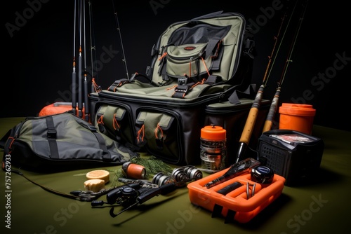Essential fishing tackle set-up displayed in neat layout for anglers and hobbyists convenience. photo