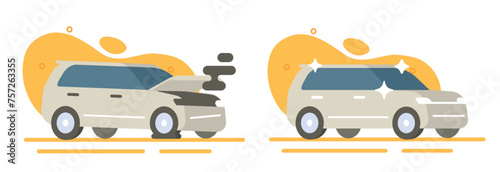 Car accident crash flat icon vector, new old auto vehicle graphic illustration, before after damage automobile, prepared clean washed transport image clipart isolated modern minimal design