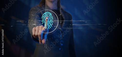 Cg tech collage. A businesswoman touches with her index finger a point on the screen where the fingerprint scanner and a pie chart with numbers and words on perpendicular rays are located