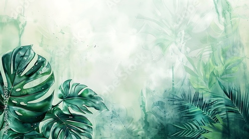 Copy Space Botanical frame border  background  monstera leaf watercolor  environment care style AI image Generative