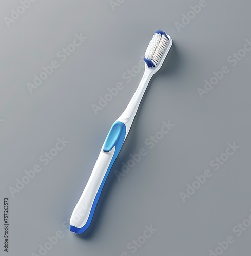 High quality realistic image of a white and blue toothbrush with detailed bristles isolated on a gray background