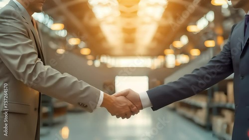 Two businessmen shaking hands in a modern office hallway, symbolizing partnership and agreement. photo