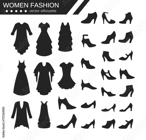 black silhouette object women s dress clothing and high heels fashion design vector illustration